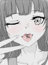 anime_style black_and_white close_up drawing fingers giantess hands macrophilia one_eye_closed pixiv shrinking shrunk shrunken tongue tongue_out vore