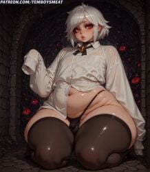 1boy ai_generated alternate_body_type ass balls bell_cranel big_ass big_eyes bimbo black_stockings black_thong bulge curvy dungeon_ni_deai_wo_motomeru_no_wa_machigatteiru_darou_ka fat_ass femboy femboy_only femboysmeat femboysub fit hips makeup male male_only otoko_no_ko penis red_eyes sissy sissyfication sitting small_breasts small_penis solo solo_femboy solo_male thighs white_hair white_shirt wide_hips