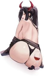 1girl ass azur_lane backboob black_hair breasts cherry chiyu1182 commentary condom condom_packet_strip condom_wrapper cup drinking_glass dutch_angle eating food friedrich_der_grosse_(azur_lane) from_behind fruit hair_over_one_eye high_ponytail highres horns large_breasts looking_at_viewer mechanical_horns orange_eyes ponytail red_horns simple_background sitting solo thong white_background wine_glass