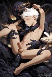 ai_generated cat_ears cat_tail catboy color eyes gay grey_eyes halo hands hikaru_ga_shinda_natsu hikaru_indou monster monster_boy nude_male pixiv red_eyes tentacle the_summer_hikaru_died white_hair yaoi