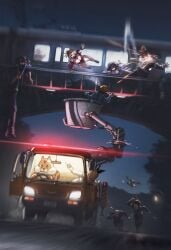 ai_assisted ai_generated aiming alarm alitonx angry animal_costume armband bald bobcut breast_on_glass bridal_veil bridge elbow_gloves fighting floating_hair hanging high_kick huge_breasts inoue_takina jumping kimono leading leaning_back leaning_forward leaning_to_the_side license_plate lycoris_recoil miniskirt motion_blur motion_lines multiple_girls multiple_males night nishikigi_chisato pantograph plump railing remote_control revealing_clothes road running safety_helmet scared serafuku sparkles speed_lines squirrel steering_wheel suit thick_thighs train truck truss two_side_up wedding_dress wide_hips wide_sleeves window wire worker