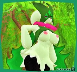 3d_(artwork) anthro areola big_breasts breasts digital_media_(artwork) felid feline female female_anthro game_freak generation_9_pokemon green_body humanoid looking_at_viewer mammal meowscarada nintendo nipples nude nude_female pink_areola pink_nipples pinup pokemon pokemon_(species) pose solo source_filmmaker_(artwork) tatsudrake thick_thighs wide_hips