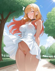 1girls accidental_exposure ai_generated big_breasts breasts close-up dress embarrassed kitagawa_marin nipples nipples_visible_through_clothing no_bra no_panties pussy see-through see-through_clothes see-through_clothing see-through_dress sheer_clothing sono_bisque_doll_wa_koi_wo_suru surprised surprised_expression wardrobe_malfunction wind wind_lift