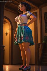 1girl ai_generated aladdin_(1992_disney_film) black_hair breasts floral_print full_body glasses hi_res high_quality high_resolution indoors large_breasts lips mirabel_madrigal patreon seductive sexy shoes skirt solo spicytoonai standing uncensored watermark