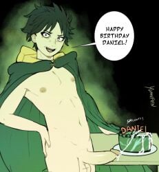 1boy aura aura_monster balls ballsack big_penis birthday_cake cake cape cum cum_on_food cumming daniel food green_aura half_naked hand_on_hip happy_birthday happy_birthday_daniel larp natsuki_subaru nipples notsafefatework re:zero_kara_hajimeru_isekai_seikatsu scarf solo solo_male