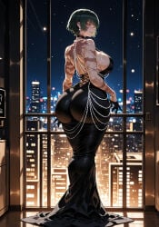 1girl ai_assisted ai_generated ass back backless_dress backless_outfit bangs bare_shoulders breasts building curvaceous curvy curvy_female curvy_figure dress earrings female gloves high_heels huge_breasts jewelry jujutsu_kaisen long_dress looking_at_viewer looking_back miyuai night night_sky shiny short_hair sky skyscraper smile solo standing star_(sky) starry_sky thick thick_ass thick_butt thick_hips thick_legs thick_thighs thighs voluptuous voluptuous_female wide_hips wide_thighs yellow_eyes zenin_maki