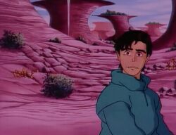 1990s_(style) 1992 1boy 1girl 1girls animated animated_gif armor ass bikini bikini_armor black_hair blush bracelet demon_girl embarrassed female flying green_hoodie hood hoodie huge_ass jewelry lowres retro_artstyle short_hair swimsuit tagme thong wide_hips youjuu_sensen_adventure_kid