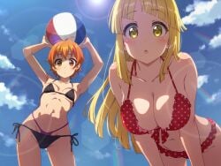 2girls :o ahoge arms_up artist_request bang_dream! beachball bikini bikini_bottom bikini_top black_bikini black_bikini_bottom black_bikini_top blonde_hair breasts choppy_bangs closed_mouth cloud collarbone day daylight daytime diagonal_bangs ear_piercing ears eyebrows_visible_through_hair female female_focus female_only frilled_bikini frilled_bikini_bottom frilled_bikini_top front-tie_bikini_top groin hands_on_own_knees hands_up high_resolution holding_beachball kitazawa_hagumi landscape layered_bikini lens_flare long_hair long_sidelocks looking_at_viewer medium_breasts multicolored_bikini_bottom navel open_mouth orange_eyes orange_hair outdoors polka_dot_bikini pov purple_bikini_bottom red_bikini_bottom red_bikini_top shadow short_hair side-tie_bikini_bottom sidelocks sky small_breasts stare straight_hair swept_bangs thighs tsurumaki_kokoro viewed_from_below yellow_eyes