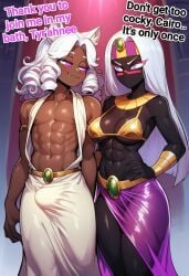 abs ai_generated big_boobs big_breasts black_skin boobs bra breasts brown_skin bulge bulge_through_clothing bulge_under_clothes cairo_(farggothdur) cocky69 comic_page curly_hair duck_dodgers english_text female femboy fit fit_body fit_female fit_femboy hi_res jewelry long_hair purple_eyes queen_tyr'ahnee robe sexy sexy_body sexy_female skirt text white_hair