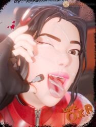 3d 3d_(artwork) alternate_version_available black_hair black_hair_female clothed clothed_female clothing cum cum_in_mouth cum_on_face cum_on_tongue cumshot female female_focus female_only fortnite fully_clothed fully_clothed_female goggles goggles_on_head hand_gesture heart_hand heart_hands heart_symbol looking_at_viewer mouth_open open_mouth poster_(decoration) solo solo_female solo_focus tongue tongue_out uniofalltrades watermark wink winking winking_at_viewer yoo-mi_(fortnite)