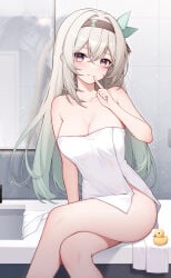 1girls bare_shoulders bathroom bottomless breasts female female_focus female_only firefly_(honkai:_star_rail) green_hair grey_hair honkai:_star_rail long_hair looking_at_viewer medium_breasts multicolored_eyes multicolored_hair origami0703 sink sitting smile thighs towel towel_only