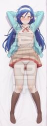 1girls ai_generated arms_up blue_hair blush bokutachi_wa_benkyou_ga_dekinai breasts clothed clothing dakimakura embarrassed female full_body furuhashi_fumino hi_res high_resolution highres lying lying_on_stomach nipples panties patreon sleeplessnighty solo solo_focus tagme watermark yellow_eyes