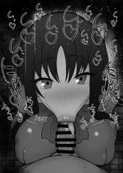 1boy 1girls :>= bare_shoulders big_penis black_and_white blowjob blush breasts censored classroom_of_the_elite dark-skinned_male dark_skin detailed_background drooling eyelashes fellatio female heart horikita_suzune human indoor inside japanese_text kurotama long_hair looking_at_viewer male male_pov oral oral_sex penis pov ribbon room saliva saliva_trail shiny shiny_skin sketch sound_effects squatting sweat text tongue tongue_out vein veins veiny veiny_penis