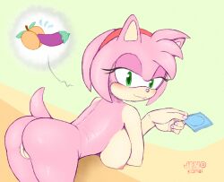 amy_rose anthro areola ass bedroom_eyes big_breasts big_butt breasts condom eulipotyphlan female genitals hedgehog hi_res jetfrozen looking_at_viewer looking_back mammal narrowed_eyes nipples nude pink_body pussy seductive sega sexual_barrier_device simple_background smile solo sonic_(series)