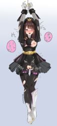 blush bodysuit boots breasts breasts_out brown_hair cycloneaction damaged_clothes defeat defeated defeated_heroine gloves gozyu_unicorn heroine ichikawa_sumino nipples no.1_sentai_gozyuger pink_eyes pussy pussy_out skirt super_sentai text text_bubble thighs tied_up tokusatsu torn_bodysuit torn_clothes torn_clothing torn_suit