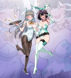 2girls :d areola_slip champagne cleavage closed_mouth digimon digimon_story digimon_story:_time_stranger gerusyu inori_misono kanan_yuki misono_inori multiple_girls nipple_bulge one_eye_closed round_breasts smile spilling_drink thick_thighs tray upper_teeth v wide_hips yuuki_kanan zoom_layer