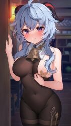 absurdres ahoge bangs bare_shoulders bell blue_hair blush bodystocking breasts commentary_request covered_erect_nipples covered_navel female female ganyu_(genshin_impact) genshin_impact highres horns large_breasts long_hair looking_at_viewer neck_bell one_breast_out purple_eyes reel_(riru) solo thighs