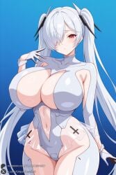 1female 1girl 1girls 2026 ai_generated artist_name bangs big_ass big_breasts blue_background blush bodysuit breasts cinderella_(nikke) cleavage clothing_cutout curvy gloves goddess_of_victory:_nikke gradient gradient_background hair_over_one_eye hi_res high_quality high_resolution highres huge_ass huge_breasts large_breasts long_hair looking_at_viewer navel nikke patreon patreon_username red_eyes solo thick_thighs thighs twintails unjobdespiert very_long_hair watermark white_gloves white_hair