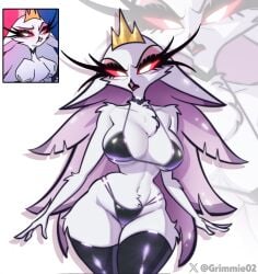 1girls ars_goetia bare_arms bare_legs bare_shoulders bare_thighs big_breasts bikini bikini_bottom bikini_top clothed clothing color crown female female_focus female_only grimmie02 helluva_boss hi_res large_breasts long_hair owl owl_demon owl_girl peter_griffin solo solo_female standing stockings thick_thighs white_hair