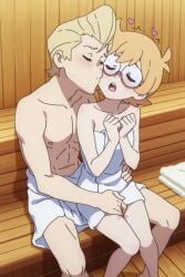 1boy 1girls accurate_art_style ai_generated blonde_hair closed_eyes couple female fingering frank_(little_witch_academia) hand_on_another's_waist hands_up head_tilt heart hetero kissing_cheek legs_together little_witch_academia lotte_jansson male medium_hair moaning naked_towel open_mouth orange_hair pussy_juice round_eyewear sauna short_hair sitting_on_person spread_legs towel towel_around_waist trembling wholesome