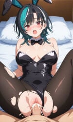 ai_generated bedroom breasts bunny_ears bunny_girl bunnysuit cum_inside flow_glow_(hololive) hololive rindo_chihaya torn_pantyhose vaginal_sex vtuber