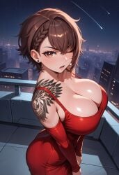 1girls ai_generated bare_shoulders breasts brown_eyes brown_hair delta_(nikke) dress female female_only goddess_of_victory:_nikke large_breasts looking_at_viewer one_eye_closed red_dress