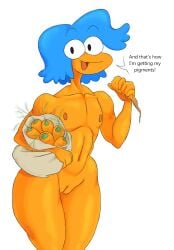 1girls blue_hair female female_only flat_chest flat_chested flight_attendant_(the_amazing_world_of_gumball) front_view holding_carrot holding_food holding_object holding_vegetable looking_at_viewer muscular muscular_anthro muscular_female nipples no_nose nude nude_female orange_body orange_skin pussy short_hair simple_background smile smiling smiling_at_viewer solo solo_female standing talking_to_viewer tawog the_amazing_world_of_gumball thick_thighs vegetable vr457 white_background