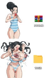 1girls alternate_form big_breasts black_clover charmy_pappitson expansion female light-skinned_female light_skin meme meme_reference ripped_clothes ripped_clothing ripped_swimsuit scharlottelambo shocked shocked_expression shocked_eyes small_breasts swimsuit