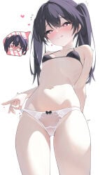 1girls bare_shoulders belly_button black_hair blush bra breasts female female_focus female_only heart-shaped_pupils heart_symbol infinity_(kkx132) light_skin light_skinned_female long_hair looking_at_viewer original panties pink_eyes small_breasts smile solo standing stomach thighs tongue_out trembling twintails underwear white_background