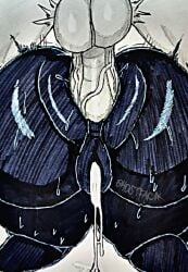 1girls anal anal_penetration anus_focus ass_focus bent_over big_balls big_cock blue_highlights creampie cum cum_drip dark_skin dripping_cum dripping_pussy from_behind ghostfacik huge_ass huge_cock kurayami_(the_mimic) lineart monochrome monster_girl nipples penetration penis_in_anus pussy_focus roblox roblox_game solo the_mimic topless traditional_media watermark