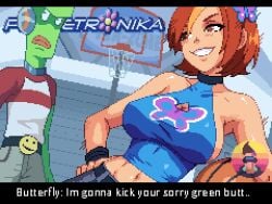 1boy 1girls 2d big_breasts breasts busty butterfly_(planetronika) female female_focus freestyle_(planetronika) gif hourglass_figure male neophite-byte planetronika red_hair tagme wardrobe_malfunction wide_hips
