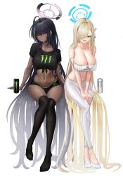 2022 2girls absurd_res asuna_(blue_archive) b-pang black_clothing black_hair blonde_hair blue_archive blue_eyes blush boobs breasts breasts_bigger_than_head brown_skin can chocolate_and_vanilla crop_top dark-skinned_female dark_skin drink female female_only hair_over_one_eye halo happy hi_res hips huge_breasts karin_(blue_archive) leggings light-skinned_female light_skin long_hair long_legs millennium_science_school_student monster_energy multiple_girls open_mouth product_placement slim_waist smile sports_bra thick_thighs thighhighs thighs thin_arms thin_female white_clothing wide_hips yellow_eyes