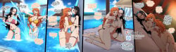 2girls age_difference bikini black_hair breast_press breast_squeeze breasts breasts_out doggy_style female_only ggc lesbian_sex long_hair nami_(one_piece) nico_robin one_piece orange_hair pulling_panties strap-on sunglasses sunglasses_on_head swimsuit vaginal_penetration yuri
