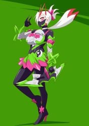ace_ukiyo bodysuit breasts clothing covered_mouth face_mask genderswap heels kamen_rider kamen_rider_geats kamen_rider_geats_(series) otokam1117 rule_63 skirt tokusatsu weapon white_hair