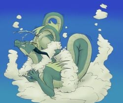 2026 animal_genitalia anthro anus biped blush bodily_fluids cloud digital_media_(artwork) dragon entangled genital_fluids genital_slit genitals green_body hi_res horn long_body male male_anthro mythological_creature mythological_scalie mythology peeing peeing_on_self scalie sitting_on_cloud solo stuck urine urine_on_face urine_on_self urine_stream valrionwrites watersports