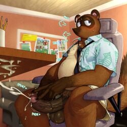 1:1 accessory animal_crossing balls bodily_fluids brown_body canid canine claws clothing cum cum_drip cumshot darkened_genitalia darkened_penis dripping ejaculation erection fur genital_fluids genitals glans hi_res humanoid_genitalia humanoid_penis inside male mammal necktie nintendo nipples nk63171432 onomatopoeia penis pubes raccoon_dog shirt sitting solo sound_effects tanuki text tom_nook_(animal_crossing) topwear vein veiny_penis