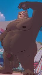 3d beach bear ben_bigger brown_fur exhibitionism fat furry male male_only raised_arm solo_focus zenless_zone_zero