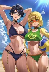 2girls ai_generated armpits arms_behind_head arms_up ball bayonetta beach bikini black_bikini black_hair blonde_hair blue_eyes blue_sky breasts cleavage clothing cloud day domino_mask earrings eyewear female glasses green_bikini green_eyes hand_on_own_hip holding jewelry large_breasts lipstick looking_at_viewer makeup mask min_min_(arms) mole mole_on_breast mole_under_mouth multiple_girls navel o-ring o-ring_bikini ocean outdoors parted_lips sand short_hair sky smashai smile stomach super_smash_bros. swimsuit thighs underboob volleyball volleyball_(object)