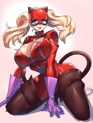 :d ann_takamaki blush bodysuit cleavage curvy gigantic_breasts gigantic_thighs hands_between_legs hyper masked masked_female open_mouth persona persona_5 quanero red_mask smile thick_thighs upper_teeth voluptuous wide_hips