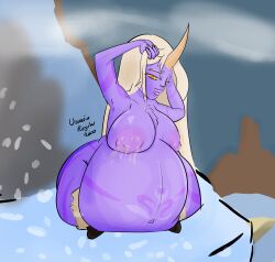 big_belly big_breasts chest_fur female horn lactation league_of_legends pregnant purple_skin soraka usuarioregular2600