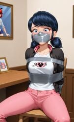 1girls ai_generated arms_tied_behind_back asphyxiation black_hair blue_hair bondage looking_at_viewer marinette_dupain-cheng miraculous:_tales_of_ladybug_and_cat_noir over_the_nose_gag tape_bondage tape_gag tears tied_to_chair