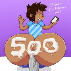 anal_insertion anal_penetration anal_sex blue_shirt brown_hair brown_skin cum cum_on_ass gay glasses huge_ass huge_ass_(male) male male/male male_only milestone_celebration number pants_down phone smartphone smile spicyredacted spicysierra