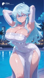 1girl 1girls absurd_res absurdres ai_generated armpits arms_behind_head arms_up ass bare_shoulders big_ass big_breasts blue_eyes blue_hair blurred_background blurry blurry_background blush breasts cartoon cartoony cleavage clenched_teeth collarbone covered_navel curvy depth_of_field dress elbow_gloves elfaria_albis_serfort female female_focus gloves hair_between_eyes hi_res high_quality high_resolution highres huge_breasts large_ass large_breasts long_hair looking_at_viewer night odexai outdoors parted_lips patreon pool shiny_skin side_slit sidelocks sky small_waist solo solo_focus standing straight strapless strapless_dress teeth thick_thighs thighs thin_waist tree tsue_to_tsurugi_no_wistoria v-shaped_eyebrows water wet white_dress white_gloves wide_hips window