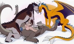 2_penises anal anal_penetration animal_genitalia anus balls black_claws black_horn black_mane blue_penis blue_tongue brown_body brown_fur claws cornus dragon duo erection felkin feral fur furred_dragon furred_scalie genitals grey_claws hi_res horn male male/male mane membrane_(anatomy) membranous_wings multi_genitalia multi_penis mythological_creature mythological_scalie mythology oral oral_penetration orange_body orange_scales penetration penis pink_anus pink_penis pivrer_(galaxydragon) purple_membrane scales scalie sheath tongue tongue_out white_body white_claws white_fur wings