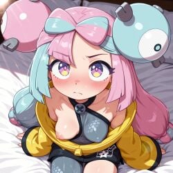 1girls absurd_res ai_generated alternate_version_available anime_style baggy_clothing bed bedroom blue_hair blush blush_lines blushing breasts breedorbred cel_shading clothed collarbone comfyui edited erect_nipples eyebrows eyebrows_visible_through_hair female female_only flashing_breasts frown hair_ornament iono_(pokemon) lens_flare light-skinned_female light_skin looking_up multicolored_eyes multicolored_hair nipple_bulge one_breast_out perky_breasts petite pink_hair pokemon pokemon_sv puffy_nipples purple_eyes sitting sitting_on_bed slim_female small_breasts sun_rays sunlight tagme viewed_from_above yellow_eyes