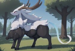 ai_generated all_fours anthro antlers big_nipples black_hooves black_legs black_nipples black_pussy blue_sky celesdir daytime erect_nipples feral feral_with_breasts field from_side full_body furry_female grass hooved_feet huge_ass hyper_pussy large_breasts noodle_jacuzzi outdoors palworld pink_eyes puffy_nipples pussy_juice smile solo standing sunlight thick_thighs tree white_fur white_hair wide_hips