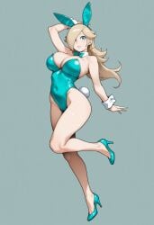 1girls ai_generated animal_ears aqua_bow aqua_bowtie aqua_eyes aqua_footwear aqua_leotard aqua_nails arm_up bare_legs bare_shoulders blonde_hair blue_eyes blue_leotard bow bowtie breasts bunnysuit cleavage closed_mouth clothing covered_navel crown detached_collar earrings fake_animal_ears fake_tail female fingernails footwear full_body grey_background hair_over_one_eye high_heels highleg highleg_leotard jewelry large_breasts legs leotard lips long_hair looking_at_viewer mario_(series) playboy_bunny princess_rosalina rabbit_ears rabbit_tail rosalina shoes simple_background smashai smile solo standing star_(symbol) star_earrings strapless strapless_leotard super_mario_galaxy super_smash_bros. tail thighs traditional_bowtie wrist_cuffs