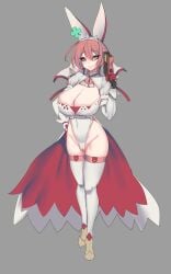 absurdres animal_ears belt blue_eyes breasts bridal_veil choker cleavage closed_mouth covered_navel dress elphelt_valentine fake_animal_ears female funaya_(a2brasd) gloves grey_background groin guilty_gear guilty_gear_xrd gun hand_on_hip highres holding holding_gun holding_weapon huge_breasts pink_hair pointy_footwear short_hair simple_background skindentation smile solo spikes teeth veil weapon white_dress white_legwear