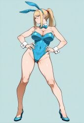 1girls ai_generated alternate_costume animal_ears ass_visible_through_thighs bare_legs bare_shoulders blonde_hair blue_background blue_bow blue_bowtie blue_eyes blue_footwear blue_leotard bow bowtie breasts bunnysuit cleavage clothing covered_navel detached_collar fake_animal_ears female footwear full_body hands_on_own_hips high_heels highleg highleg_leotard large_breasts legs leotard long_hair looking_at_viewer metroid mole mole_under_mouth playboy_bunny ponytail rabbit_ears samus_aran shoes sidelocks simple_background smashai solo standing strapless strapless_leotard super_smash_bros. thighs wrist_cuffs zero_suit