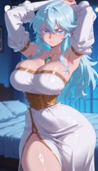 1girl 1girls absurd_res absurdres ai_generated armpits arms_behind_head arms_up ass bare_shoulders bed big_ass big_breasts blue_eyes blue_hair blurred_background blurry blurry_background blush breasts cartoon cartoony cleavage closed_mouth collarbone corset cowboy_shot curvy depth_of_field detached_sleeves dress elfaria_albis_serfort female female_focus gem hair_between_eyes hi_res high_quality high_resolution highres indoors jewelry large_ass large_breasts long_hair long_sleeves looking_at_viewer necklace odexai on_bed patreon pillow puffy_sleeves side_slit sidelocks small_waist solo solo_focus straight strapless strapless_dress thick_thighs thighs thin_waist tsue_to_tsurugi_no_wistoria v-shaped_eyebrows white_dress white_sleeves wide_hips window
